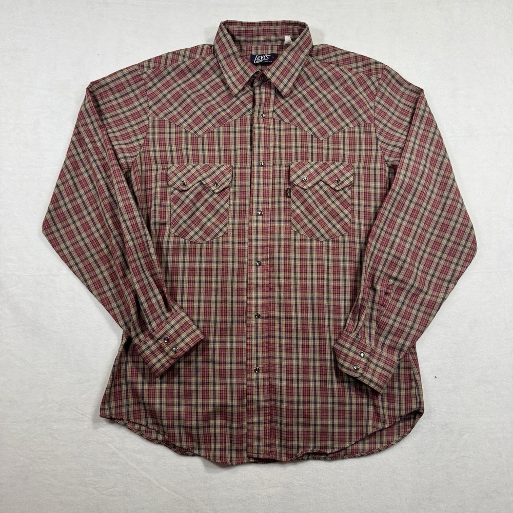 Vintage 80s Levi's Tapered Fit Western Shirt Men's Large Plaid Pearl Snap USA